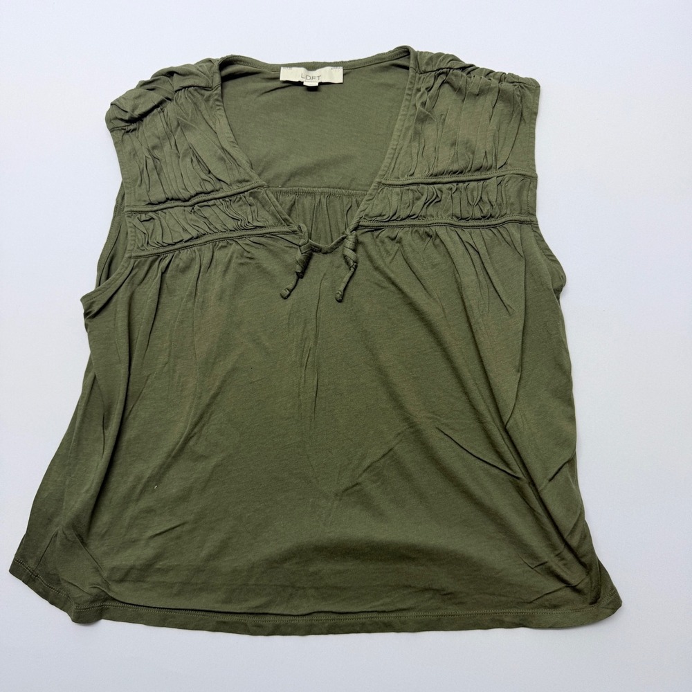 LOFT Olive Green Sleeveless V-Neck Tie Smocked Ruched Cotton Modal Top Large